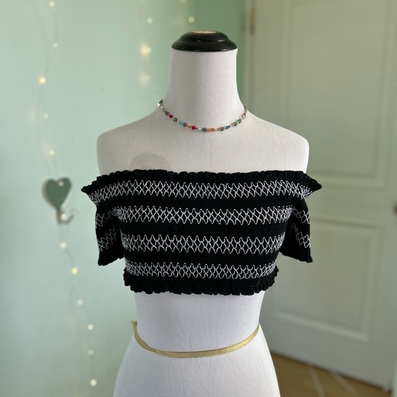 Urban Outfitters Tops - Urban Outfitters Black and White Boho Ribbed Off the Shoulder Crop Top